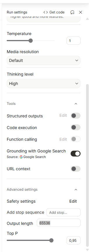 Aperçu des Run Settings dans Google AI Studio