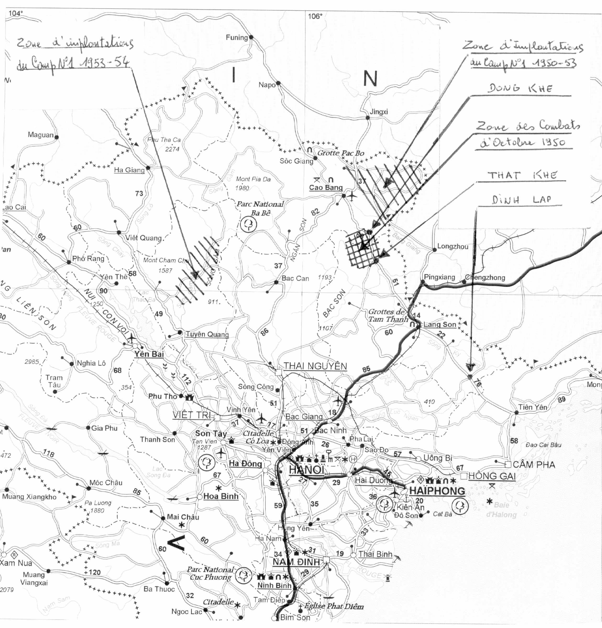 Carte du Tonkin et de la frontière chinoise, annotée à la main par l’auteur : zone d’implantation du Camp n° 1 en 1950-53 et en 1953-54, zone des combats d’octobre 1950, Dong Khe, That Khe, Dinh Lap.